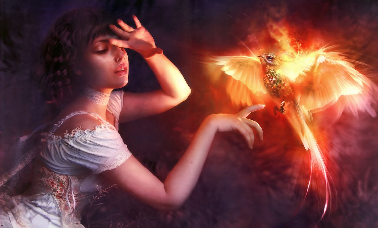 Обои птица феникс с девушкой, Феникс, СУБД Firebird, освещение, Апельсин в разрешении 3992x2408