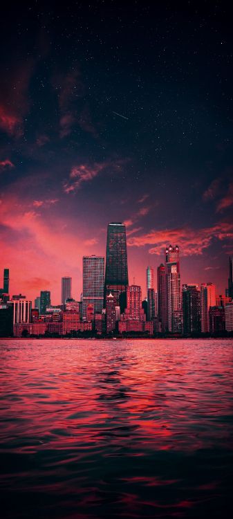 Обои вода, небоскреб, здание, облако, атмосфера в разрешении 1080x2400