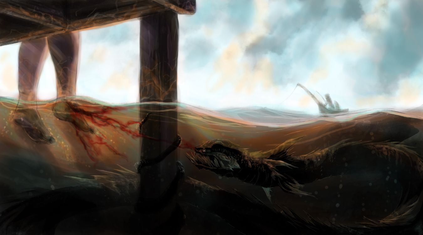 Обои рыболовство, фэнтези, живопись, пейзаж, экосистема в разрешении 4500x2500