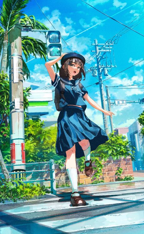 Обои аниме, дерево, арт, облако, растение в разрешении 2367x3850