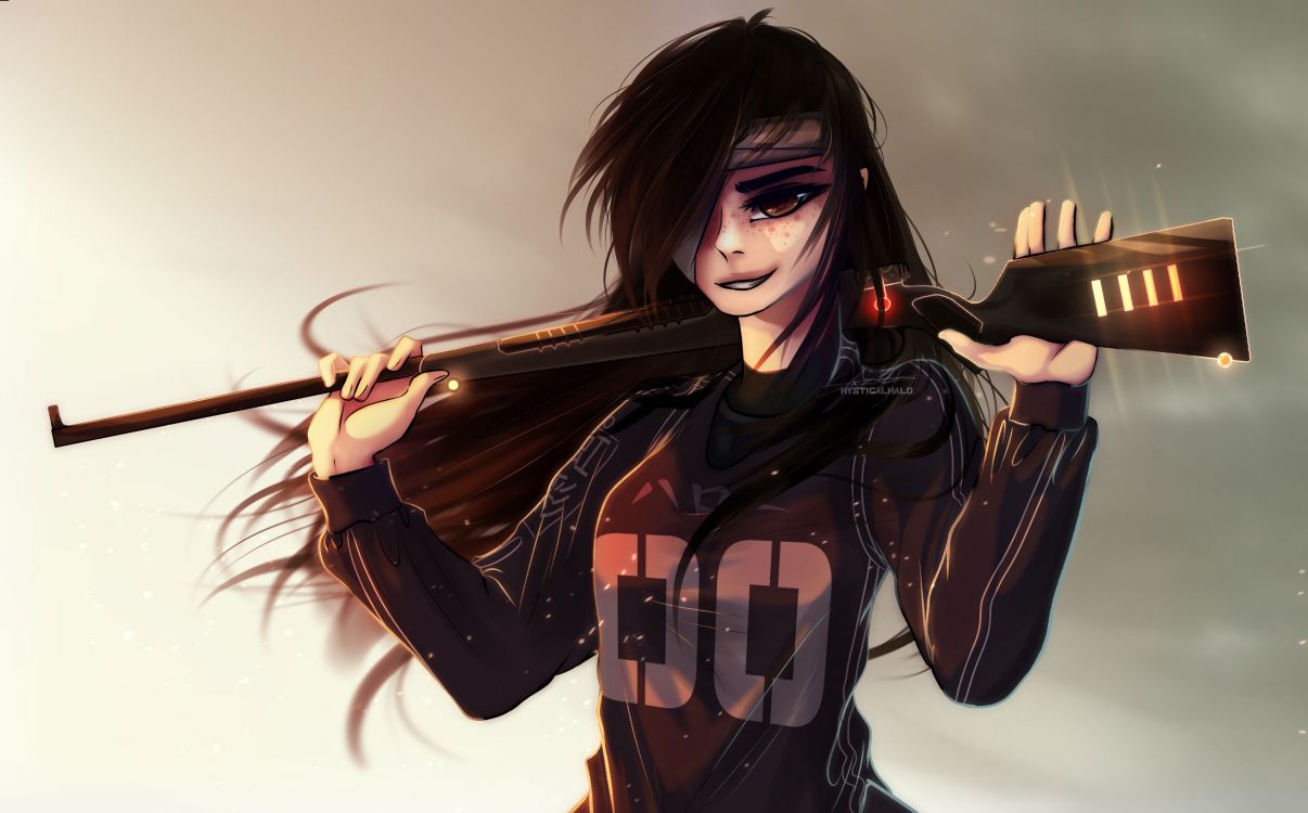 Обои сумасшедшая девушка, длинные волосы, женщина воин, артист, арт в разрешении 2626x1632